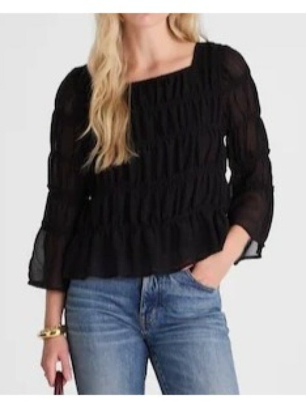 Madewell Squareneck Tiered Top~Size S~Black Gathered Party Blouse NWT L16 05